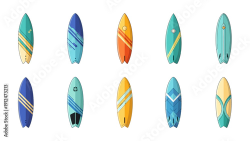 Collection of colorful surfboards on display.