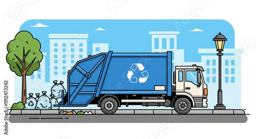 Garbage truck with recycling symbol on city street collecting trash bags illustration for environmental services and urban cleanup