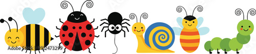 Cute garden insects collection bee ladybug spider snail butterfly caterpillar cartoon vector illustration set isolated background