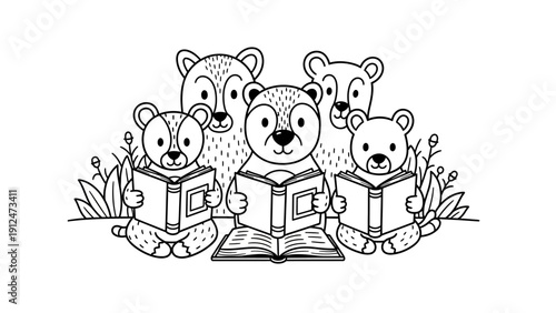 Cartoon Koalas Reading Books Together.