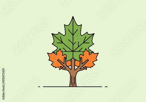 Stylized Tree Displaying Transition Showing Green Leaves Turning Orange On Branches With Muted Background Backdrop