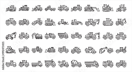 Construction Vehicle Icon Set – Heavy Machinery Line Vector for Engineering and Infrastructure Work