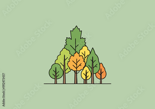 Stylized Forest Scene With Diverse Trees And Foliage In Various Autumnal Colors On A Soft Green Background Simple Geometric Design Elements