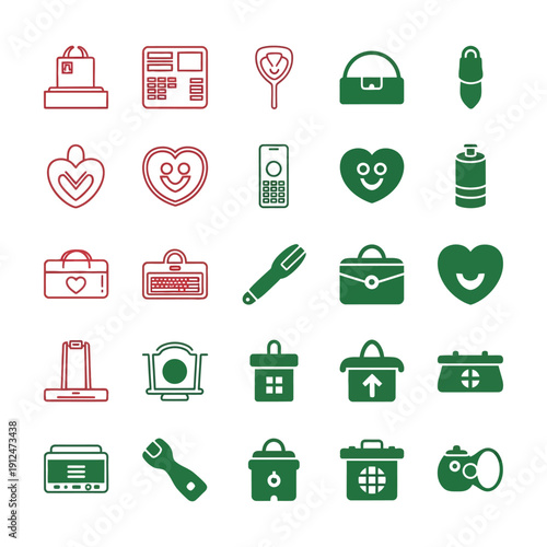 Red and green of office supplies and electronics on white background symbols