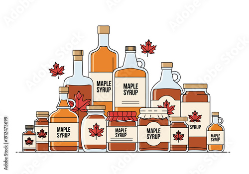 Collection of Maple Syrup Containers in Various Sizes and Shapes Showcasing Sweet Natural Liquid and Decorative Leaves
