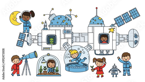 Children Exploring Space Station Illustration.