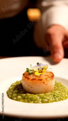 Chef meticulously garnishes a perfectly seared sea scallop resting atop creamy green risotto using precise tweezers and a squeeze bottle for final decoration.