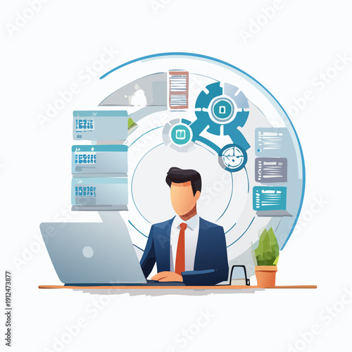 Business professional analyzing data on a laptop with technological interfaces and gears in the background, symbolizing efficiency and innovation in the modern workplace