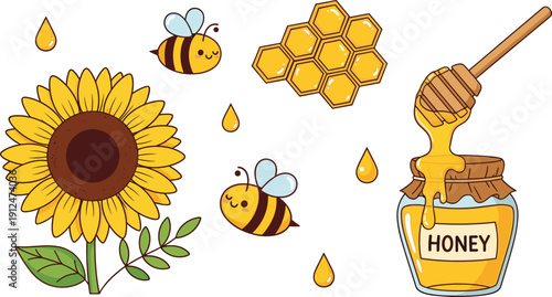 Cute honey and sunflower vector illustration with bees honeycomb jar and dripping honey for natural food design