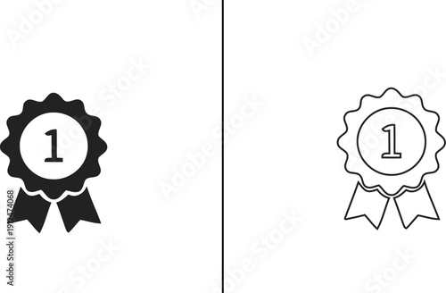 Number One Badge Icon Set, First Place Award Ribbon Symbol, Minimal 2D Vector Outline and Filled Design