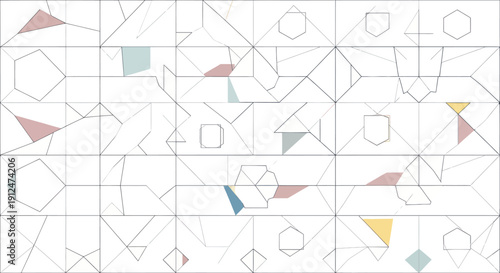 Abstract Geometric Pattern with Triangles Squares Hexagons and Lines on White Background.