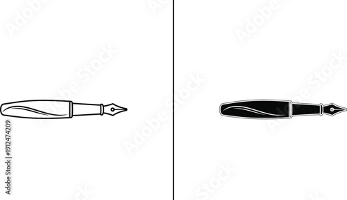 Fountain Pen Icon Set, Writing Instrument Symbol, Minimal 2D Vector Outline and Filled Design