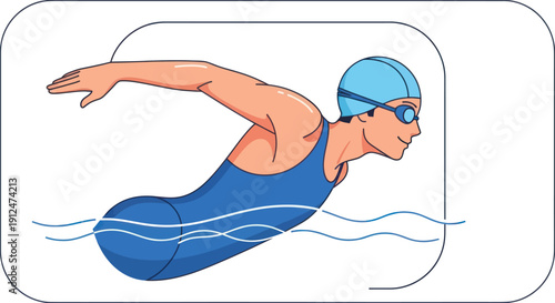 Athletic swimmer performing the butterfly stroke in blue water.
