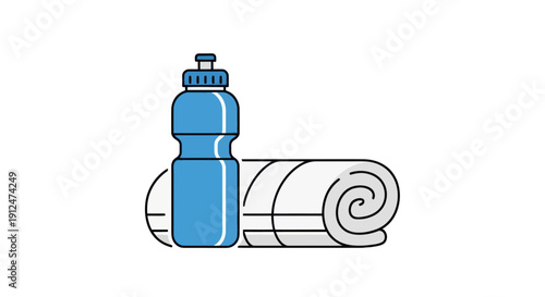 Blue Water Bottle and Rolled White Towel for Fitness.