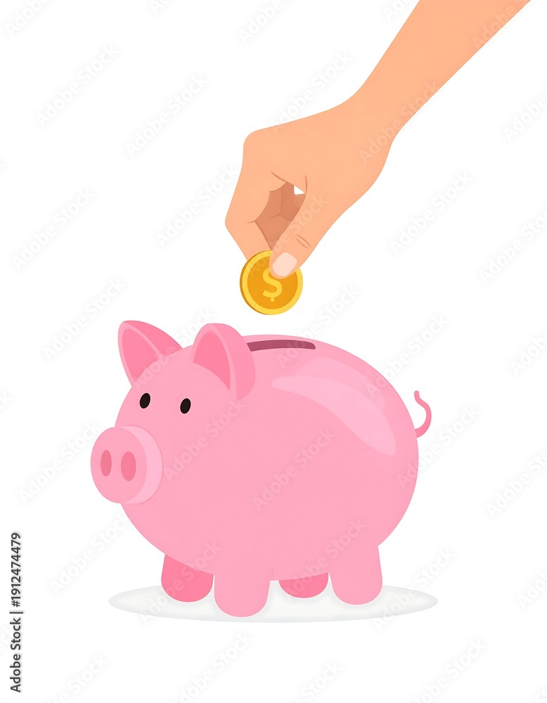Fototapeta premium A hand putting a coin into a pink piggy bank (1)