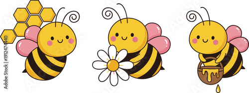 Cute honey bees collection cartoon insects with flower and honey vector illustration set isolated background