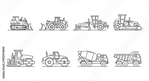 Construction Vehicle Icon Set – Heavy Machinery Line Vector for Engineering and Infrastructure Work