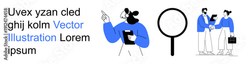 Collaboration, professional networking, research, teamwork, analysis, meeting. Figures interacting, presenting and analyzing concepts. Collaboration and professional networking