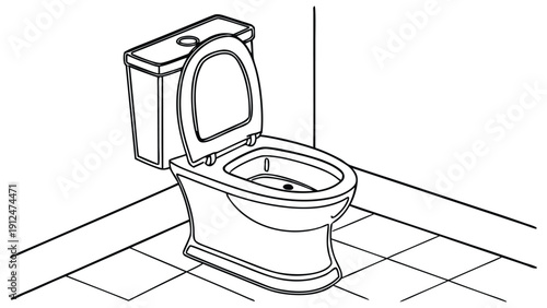 Black and white line of a toilet with open lid and cistern in a tiled bathroom line black and white