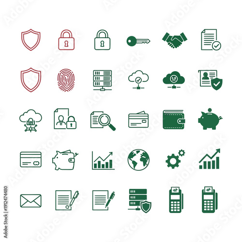 Security finance including shield lock key handshake document check cloud server credit card wallet piggy bank graph globe gear