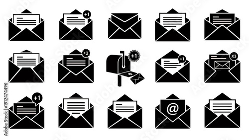 Collection of black and white envelope icons for mail and messaging graphics.