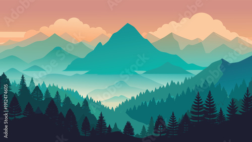 A serene landscape features layered mountain silhouettes against a colorful gradient sky with a dense forest foreground high-quality professional detailed