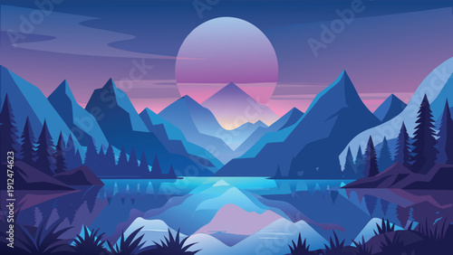 A serene landscape depicts a vibrant sunset over a calm lake framed by silhouetted mountains and evergreen trees high-quality professional