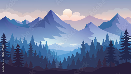 A serene landscape depicts silhouetted mountains and evergreen forests under a pale cloudy moonlit sky high-quality professional detailed modern elegant