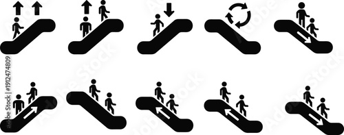 Escalator icon set illustration, people movement symbols, up down direction signs, public transport safety pictograms, black silhouette vector