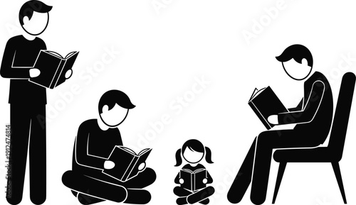 Family reading books together, education concept, parents and children studying, learning habit, literacy, silhouette illustration, knowledge, childhood development