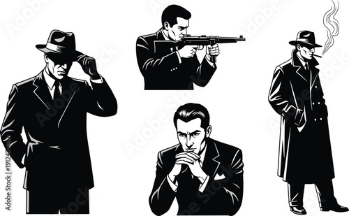 Film noir gangster silhouette collection featuring armed mobsters and detectives, vintage crime characters black vector illustration isolated on white background