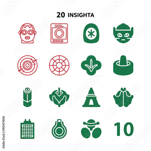 Twenty insighta in red and green on white background symbols signs