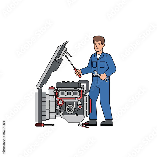 Mechanic working on car engine, repair, maintenance, auto service, workshop