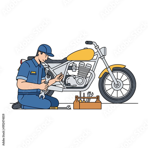Mechanic repairing a motorcycle in a workshop, tools and equipment