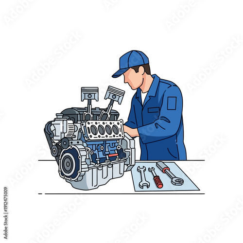 Mechanic repairing car engine with tools on workbench, detailed engine parts, automotive service