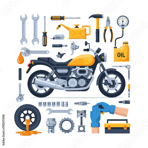 Motorcycle Repair and Maintenance Tools, Parts, and Motorcycle Illustration
