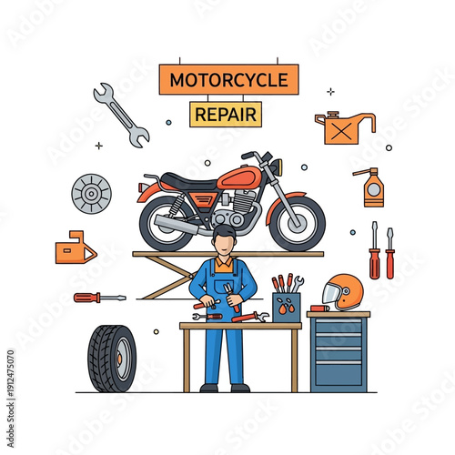 Motorcycle Repair Service: Mechanic Working on Bike with Tools and Equipment