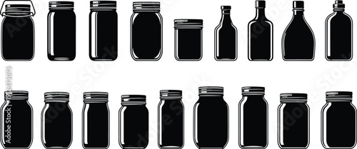 Glass jar and bottle silhouette collection with vintage containers and lids, food storage packaging black vector icons isolated on white background