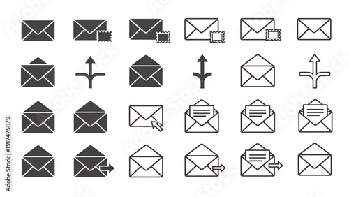 Collection of monochrome envelope icons depicting mail, letters, and communication symbols.