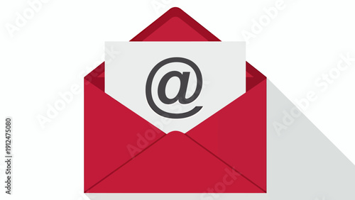 Red envelope with a letter showing the at symbol, symbolizing digital communication and email.