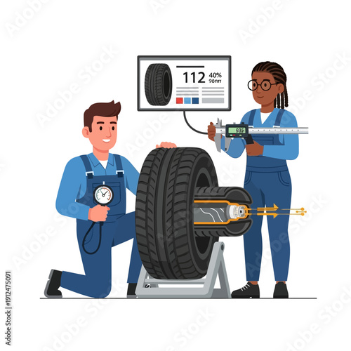 Mechanics Inspecting Tire Quality and Performance with Tools and Technology