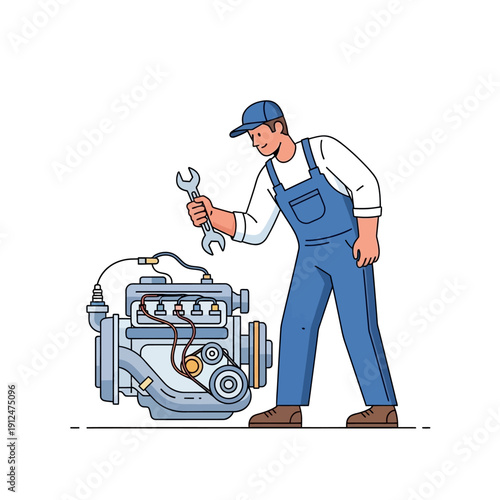 Mechanic repairing car engine with wrench, professional auto service, workshop illustration