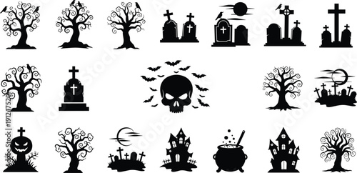Halloween silhouette collection with spooky trees graves skull bats haunted houses and witch cauldron, black vector icons isolated on white background