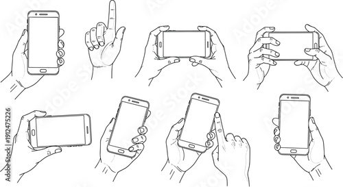 Hand gestures using smartphone vector illustration set showing touch screen interactions mobile technology communication isolated line art modern user interface