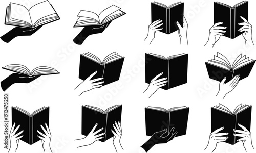 Hands holding books illustration set, reading gestures, open book poses, education learning concept, black white line art vector collection