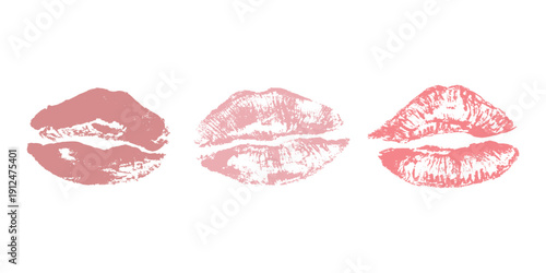 Set of lipstick kiss print Different shapes and colors imprint of lips Red pink female sexy lips makeup Design elements for beauty fashion poster Valentines Day wedding