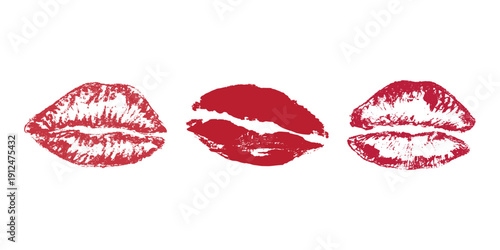 Set of lipstick kiss print Different shapes and colors imprint of lips Red pink female sexy lips makeup Design elements for beauty fashion poster Valentines Day wedding