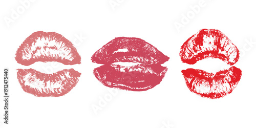 Set of lipstick kiss print Different shapes and colors imprint of lips Red pink female sexy lips makeup Design elements for beauty fashion poster Valentines Day wedding