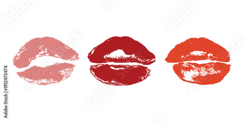 Set of lipstick kiss print Different shapes and colors imprint of lips Red pink female sexy lips makeup Design elements for beauty fashion poster Valentines Day wedding