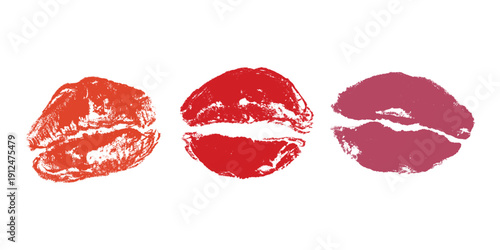 Set of lipstick kiss print Different shapes and colors imprint of lips Red pink female sexy lips makeup Design elements for beauty fashion poster Valentines Day wedding